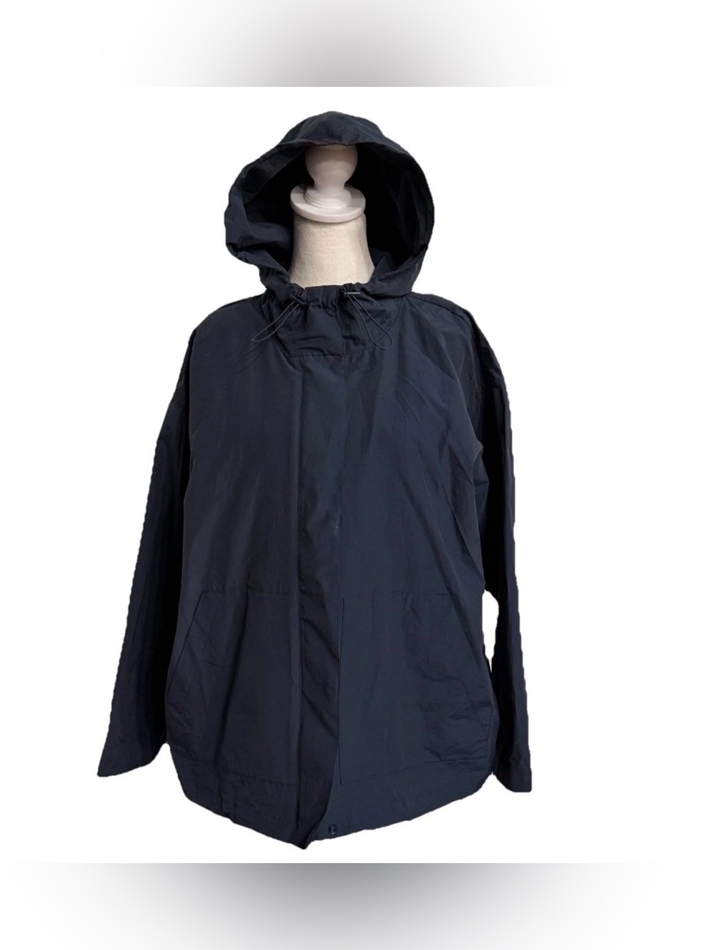 Eileen Fisher Jacket Navy Nylon Cotton Hood Relax Lagenlook Classic‎ Minimal P/S